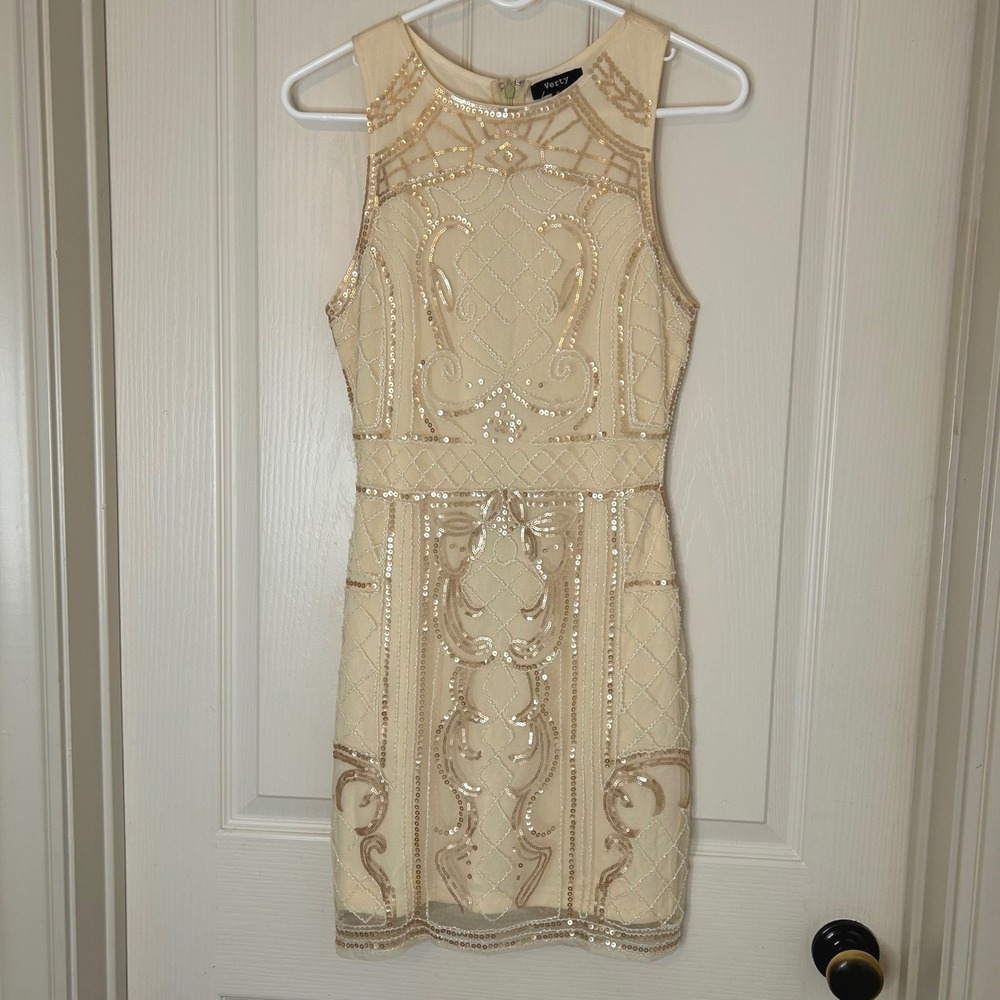 Verty Embellished Sequin Flapper Style Mini Dress Cream Beige Size‎ S
